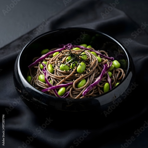 Chilled Soba Noodle Salad with Edamame and Purple Cabbage in Moody Minimalist Bowl Presentation