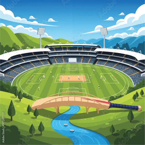 Cricket players compete on stadium field surrounded by green hills and mountains under sunny sky