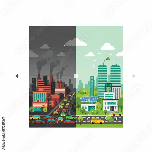 A split-screen illustration compares a polluted cityscape with a clean, green urban environment, showcasing a dramatic transformation from industrial smog to eco-friendly technology and nature.