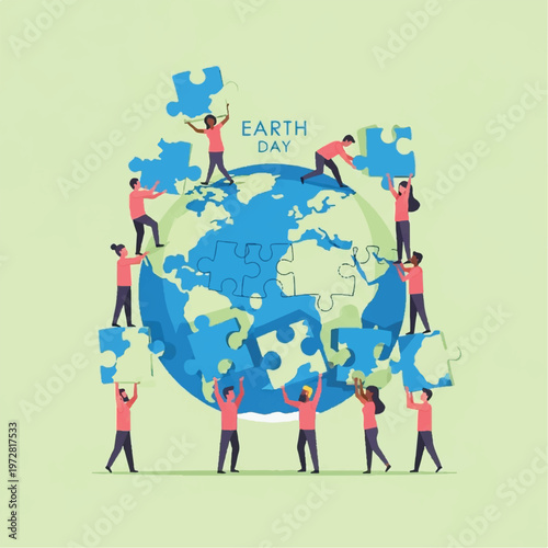 People working together to complete a globe puzzle on Earth Day