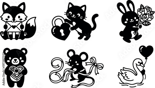 Black and white cute animals holding love themed objects vector art