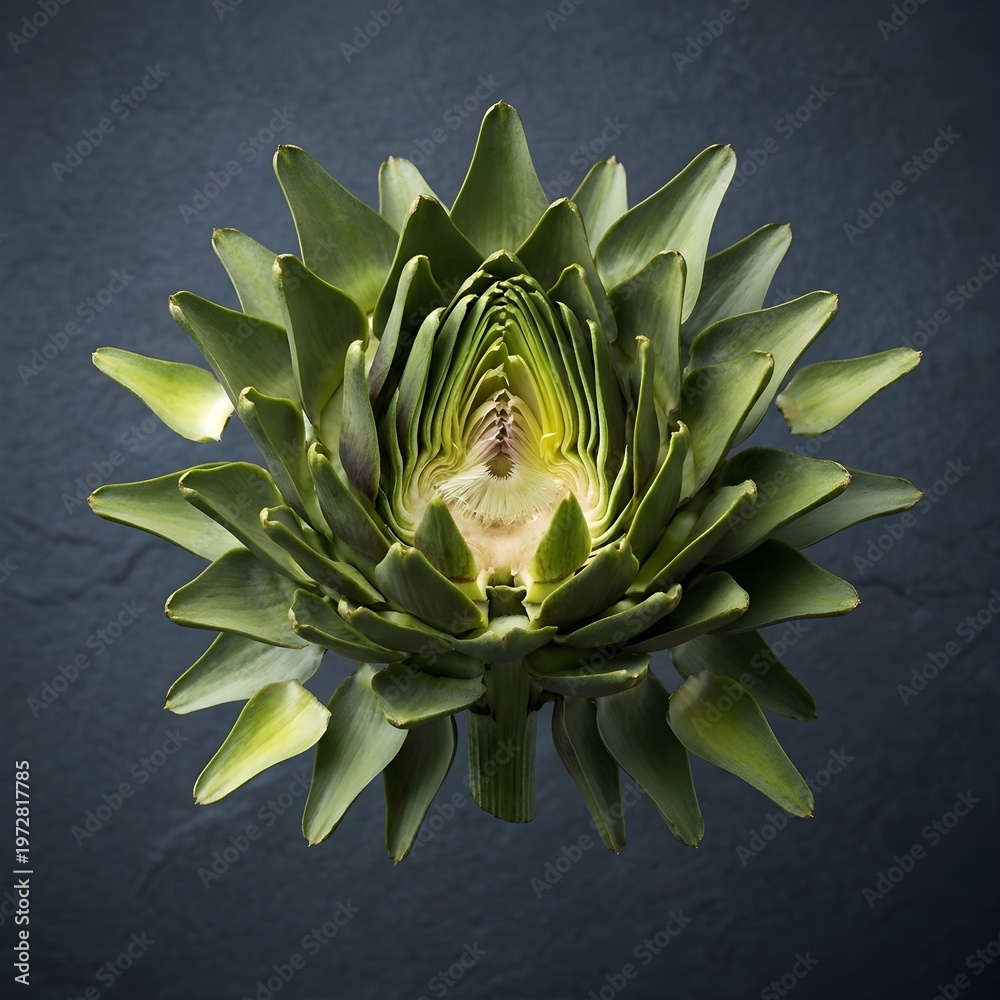 Fototapeta premium Giant Artichoke Explosion Unleashes Scale Like Bracts in Perfect Radial Symmetry with Architectural Precision
