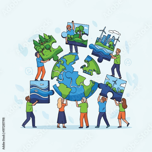 People working together to assemble a jigsaw puzzle of the Earth with various environmental and industrial pieces