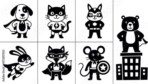 Black and white superhero animals costume vector art set with dog cat fox bear mouse and rabbit