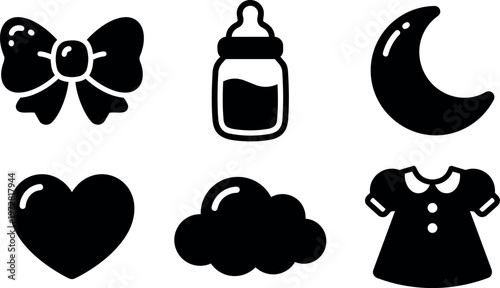 Black and white baby themed icons including bow bottle moon heart cloud and dress