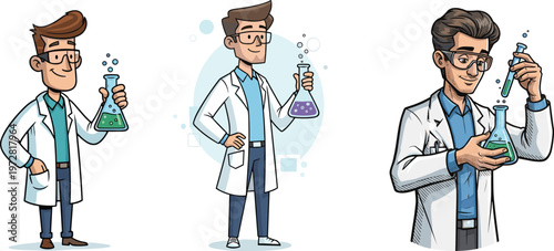 Cartoon scientist holding beaker, laboratory research, science experiment, chemist character, science education, lab work, scientific discovery, STEM concept