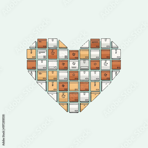 A heart-shaped collage of variously colored squares with symbols and numbers is displayed.