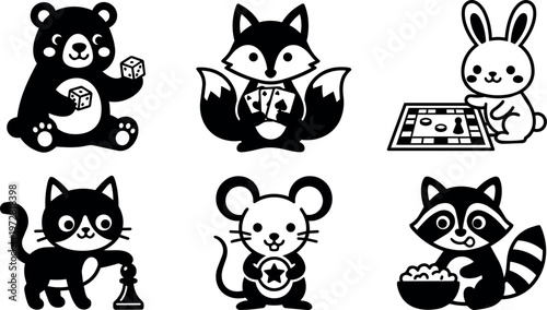 Black and white cartoon animals playing games with dice cards and board illustration