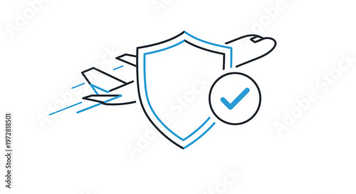 Airplane with shield and check mark.