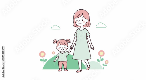A cartoon illustration of a woman and a little girl standing hand in hand on a green hill with flowers and clouds in a simple, colorful style.