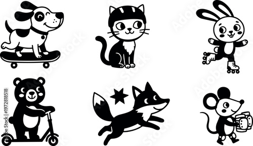 Black and white cartoon dog on skateboard cat rabbit roller skating bear on scooter fox running mouse holding camera