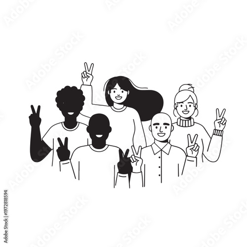 Cartoon illustration of a happy man and woman holding hands and a heart surrounded by smiling children in a playful family doodle style