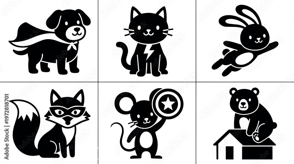 Fototapeta premium Black and white superhero dog cat rabbit fox mouse and bear vector icons