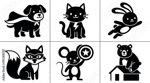Black and white superhero dog cat rabbit fox mouse and bear vector icons