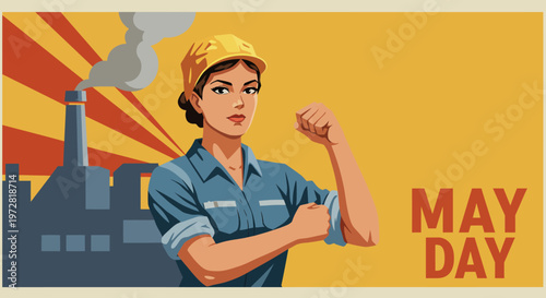 Vintage May Day Factory Worker Illustration
