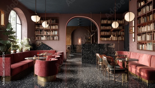 Elegant Pink Velvet Lounge with Bookshelves and Arched Windows.
