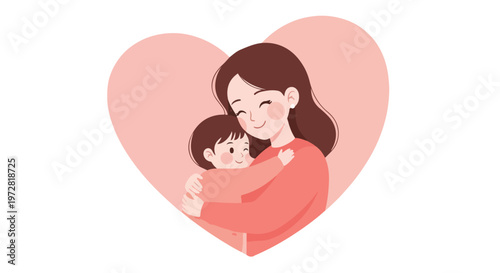 Illustration of a woman embracing a child in a pink heart on a white background with a loving mood.