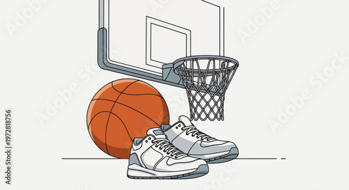 Basketball and sneakers on court floor.
