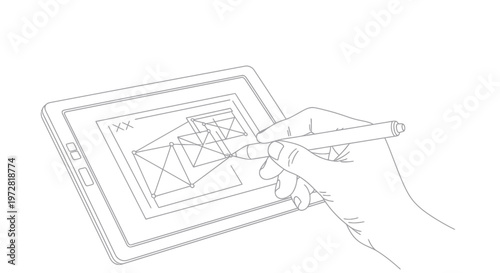 Hand holding digital drawing tablet stylus.