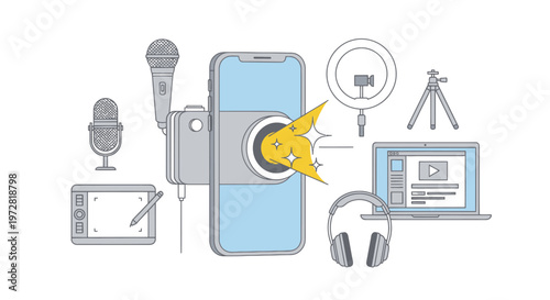 Smartphone with wireless earbuds and accessories.