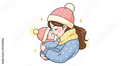 A tender cartoon woman in a pink hat and blue coat hugs a baby in a matching pink hat against a clean white background with a warm and loving mood.