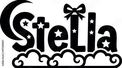 Black and white stella name lettering with stars crescent moon and clouds vector art