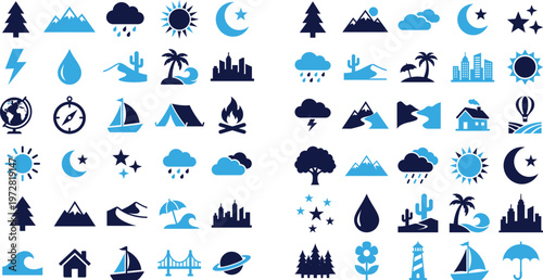 Collection of nature and weather icons and symbols for web and app design.