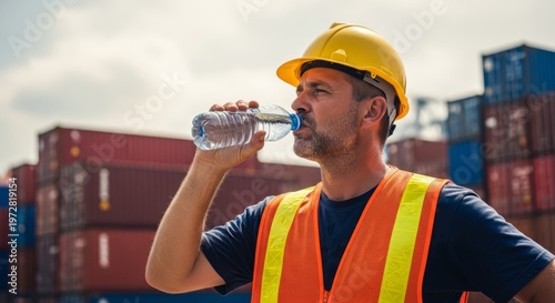 Tired port worker in an orange vest drinking water from a bottle to stay hydrated during a hot shift.