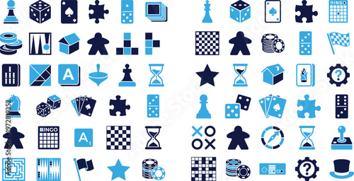 Collection of board game pieces, dice, cards, and game elements.