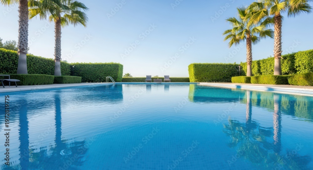 Fototapeta premium Tropical Oasis Retreat Serene Swimming Pool Experience with Azure Water Reflections and Palm Trees Framing a Peaceful Vista under Bright Skies for Leisure Seekers