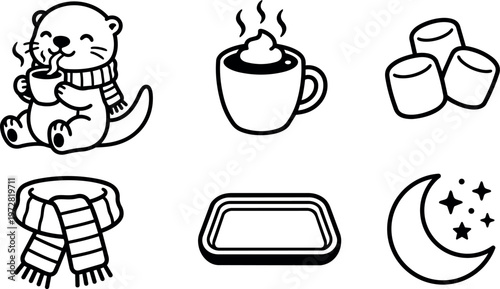 Black and white line art otter sipping hot drink with scarf coffee marshmallows and crescent moon