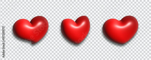 Set of three red 3D hearts with soft matte texture, realistic romantic love icons on transparent background