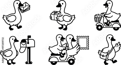 Black and white line art ducks delivering mail and packages riding scooters