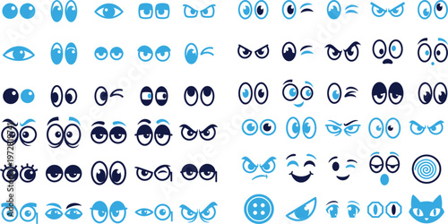 Set of expressive cartoon eye icons in blue and dark blue, conveying emotions.