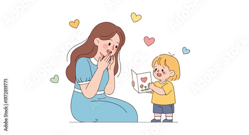 A woman reacts with surprise and delight to a handmade Valentine's Day card from a young child, surrounded by colorful hearts on a white background.