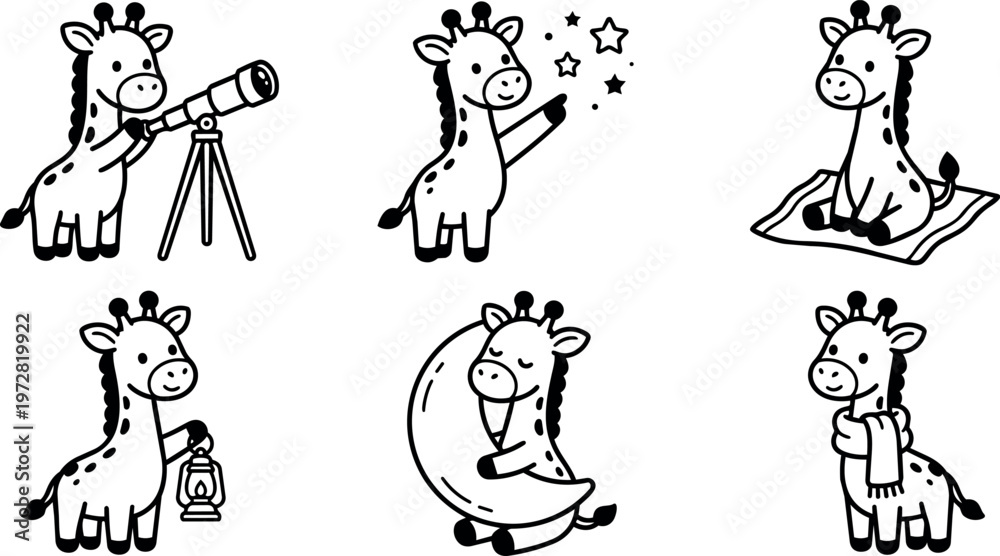 Obraz premium Cute black and white giraffe exploring stars and moon with telescope lantern and scarf vector art