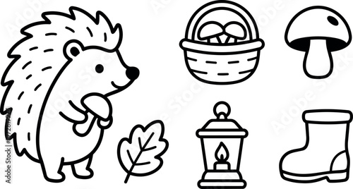 Black and white line art hedgehog holding mushroom with basket leaf lantern and boot icons