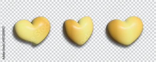 Set of three golden 3D hearts with soft matte texture, realistic luxury love icons on transparent background