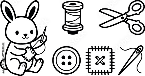 Black and white line art bunny sewing patch with needle scissors thread and button