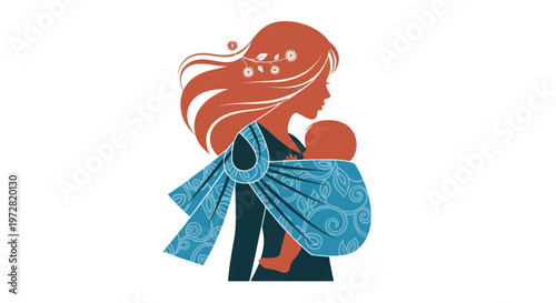 Mother holding baby in a sling with flowers in her hair