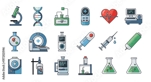 Medical and scientific equipment icons for healthcare and research