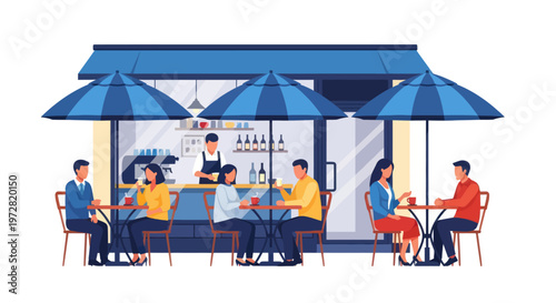 People relaxing and socializing at an outdoor cafe terrace.