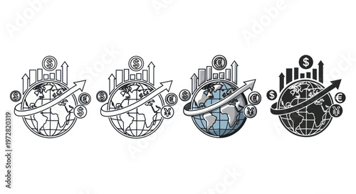 Set of global economy icons showing financial growth and international trade around the world.