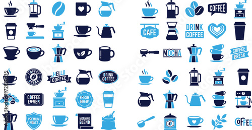 Coffee icons and symbols set flat design vector graphics for cafe and drink.