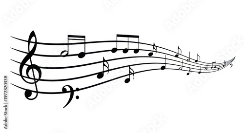 Musical notes flowing on a staff with clefs