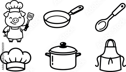 Black and white line art cooking tools with chef pig holding spatula and kitchen utensils