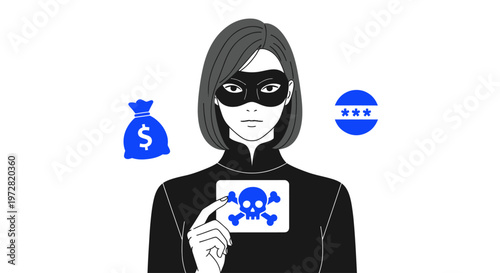 Masked individual represents cyber crime, data security risks, and digital threats.