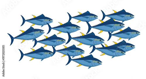 A vibrant school of bluefin tuna swimming together in the ocean.