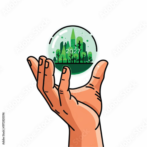 A hand holds a green globe with a cityscape and 2027 text inside