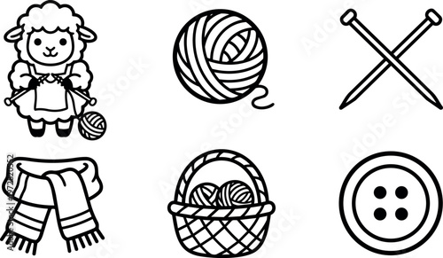 Black and white line art knitting sheep yarn basket scarf and button icons